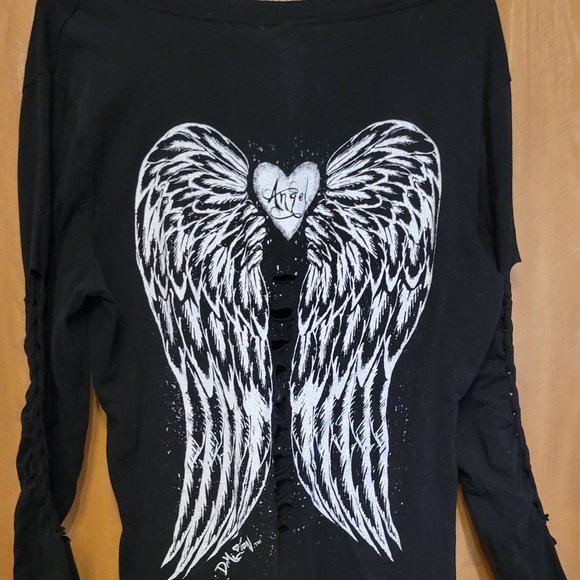Black Rocker Type Shirt with Angel Wings - Picture 2 of 4